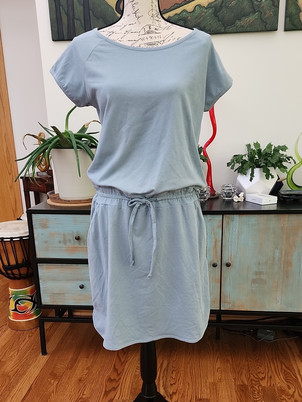 Synergy Organic Clothing Soft Sky Blue Drawstring Mini Dress with Pockets
